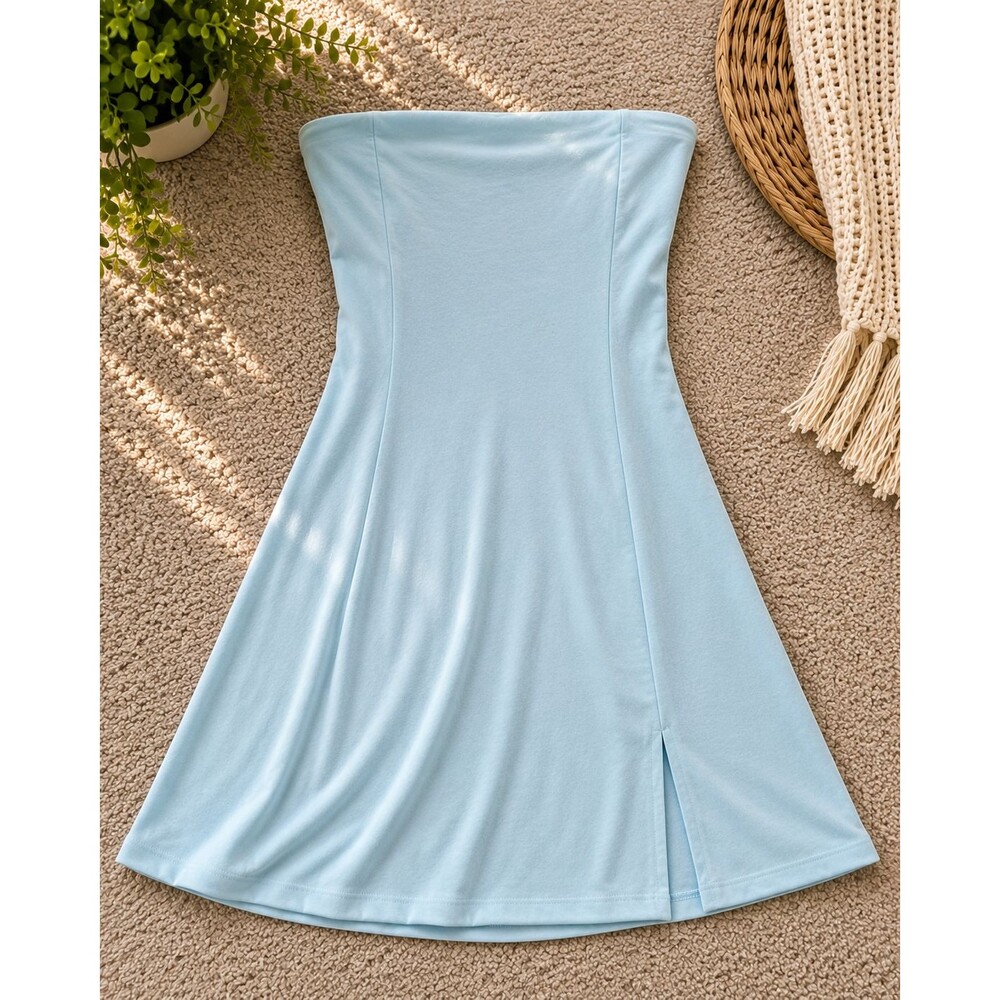 Oh Polly Brielle Mini Dress Women's US4 Blue Strapless Bandeau Bodycon Side Slit